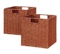 Vagusicc Wicker Storage Basket, Set of 2 Hand-Woven Paper Rope Wicker Baskets, Foldable Cube Storage Bins, 11 inch Storage Basket, Square Baskets for Organizing Shelves & Decor, Orange (11″×11″×11″)