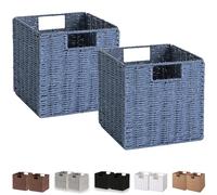 Vagusicc Wicker Storage Basket, Set of 2 Handwoven Paper Rope Collapsible Woven Baskets, 9'' x 9'' x 9'' Cube Storage Bins with Handle, Baskets for Gifts Empty, Shelves Organizing & Decor, Dark Blue