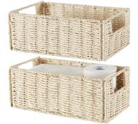 Vagusicc Wicker Storage Basket, Small Storage Basket Woven Wicker Baskets for Organizing with Handles Foldable Storage Bins Toilet Paper Basket for Toilet Tank Bathroom Small Baskets Set of 2, Beige
