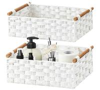 Vagusicc Wicker Storage Basket with Handle, Set of 2 Handwoven Paper Rope Storage Basket for Shelves, Gift Organiser Storage Basket,Toilet Paper Basket, Storage Basket Bathroom, White, S&M