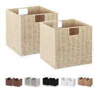 Vagusicc Wicker Storage Baskets, Set of 2 Hand-Woven Paper Rope Foldable Cube Bins Organizer, 11 Inch Square for Shelves Pantry Organizing Decor, Beige