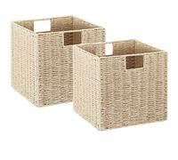 Vagusicc Wicker Storage Baskets, Set of 2 Hand-Woven With Handles, Foldable Cube Organizer 9 Inch for Shelves, Pantry, Bedroom Decor - Beige