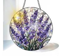 VAIIEYO Lavender Sun Catcher Stained Glass Window Hanging Ornament, Handmade Sun Catcher Flower Decoration with Hooks for Window Garden Home, Mother's Day & Birthday Housewarming Gift (20 cm)