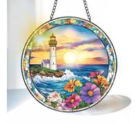 VAIIEYO Lighthouse Sun Catcher Stained Glass Window Hanging Ornament, Handmade Sun Catcher Flower Decoration with Hooks for Window Garden Home, Mother's Day & Birthday Housewarming Gift (20 cm)