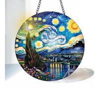 VAIIEYO Starry Night Sun Catcher Stained Glass Window Hanging Ornament, Handmade Sun Catcher Landscape Decoration with Hooks for Window Garden Home, Mother's Day & Birthday Housewarming Gift 20 cm