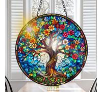 VAIIEYO Tree Sun Catcher Stained Glass Window Hanging Ornament, Handmade Sun Catcher Landscape Decoration with Hooks for Window Garden Home, Christmas & Birthday Housewarming Gift (20 cm)