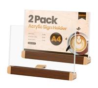 VAIIGO A4 Acrylic Display Stand 2Pack, Slanted Acrylic Sign Holder with Wooden Base, Clear Perspex Menu Holder, Horizontal Poster Frame, Leaflet Document Stand for Table, Office, Restaurant, Wedding