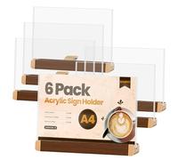 VAIIGO A4 Acrylic Sign Holder 6Pack, Slanted Poster Menu Holder with Wooden Base, Horizontal Perspex Display Stand with Metal Feet, Clear Plastic Poster Stand for Table, Restaurant, Office, Wedding