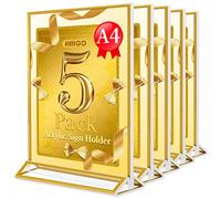 VAIIGO A4 Acrylic Sign Holder with Gold Borders, Upright Double Sided Poster Menu Holder, Ideal for Wedding Table Numbers, Restaurant Banquet Menu Holder, Counter Display Stand, Etc-5 Pack