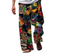VaiKanhai Men's Cotton Linen Lace-Up Trousers with Pockets, Large Size, Printed Bright Trousers Men, black, 4XL