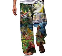 VaiKanhai Men's Cotton Linen Lace-Up Trousers with Pockets, Large Size, Printed Bright Trousers Men, Green, L