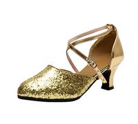 VaiKanhai Women's Elegant Pumps | Glitter Heel Shoes Straps Closed Pointed Toe High Heels Kitten Heel Faux Leather Sandals Buckle Closure Women Shoes with Stiletto, gold, 6 UK