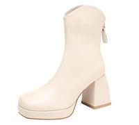 VaiKanhai Women's Mid Well Boots, Comfortable and Fashionable and Winter Solid Colour with Square Heel Zip, Children, Girls, 35, beige, 8 UK