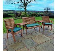 vail angled 2 chairs and 2 seater bench with green cushions