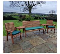 vail angled 2 chairs and 3 seater bench with green cushions
