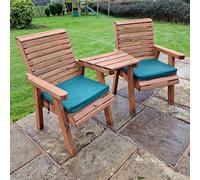 vail timber angled love seat with green cushions