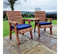 vail timber angled love seat with navy cushions