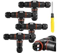 Vaileal 4-Pack T-Shape Waterproof IP68 Cable Connectors, 3-Pin Earth, 3-12mm, Black, Polycarbonate + Nylon, Suitable for Indoor/Outdoor & Extreme Weather Conditions