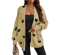 Vaimti Heart Print Open Front Cardigan Long Sleeve Hearts, khaki, 5XL Plus