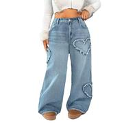 Vaimti Plus Size Casual High-Waisted Wide Leg Jeans with Heart Distressed Design, Vintage Washed Denim (UK, Alpha, 4XL, Plus, Regular, Sky Blue)