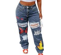 Vaimti Plus Size Women's Distressed Ripped Jeans with Butterfly, High Waisted Straight Leg Denim (UK, Alpha, L, Plus, Regular, Blue)