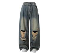 Vaimti Plus Size Women's Wide Leg Distressed Jeans, High Waist Ripped Denim Pants, Elastic Waist, Vintage Wash (UK, Alpha, 5XL, Plus, Regular, Dark Blue)