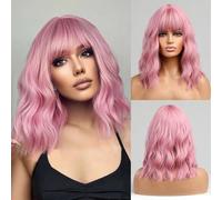 VAIRETY Short Wave Pink Wigs With Bangs, 14 inch Short Brown Bob Wig with Air Bangs, Curly Bob Wig With Fringe Heat Resistant Synthetic Wig, Shoulder Length Wig For Girl Wigs for Christmas