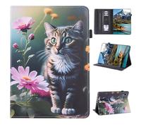 Vaitasy Case Compatible with Huawei Mediapad M5 Lite 10.1 Inch 2018, Flip Wallet Cover with Pencil Holder Case for Huawei Mediapad M5 Lite 10.1 Inches - Flowers and Cats