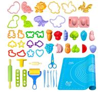 VAIYNWOM Dough Tools and Cutters, 47 Pieces Modelling Clay Accessories Rolling Pin Scissors, Molds for Making Dinosaur Fruits & Vegtables, with Kneading Mat & Storage Bag, Style B
