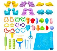 VAIYNWOM Dough Tools and Cutters, 47 Pieces Modelling Clay Accessories Rolling Pin Scissors, Molds for Making Dinosaur Fruits & Vegtables, with Kneading Mat & Storage Bag, Style A