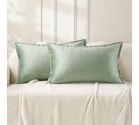 VAKADO Cushion Covers Velvet Decorative Lumbar Pillow Covers With Fringe Decor Christmas Soft Square Cozy Solid Color Cushion Cases Home for Bed Bedroom Couch Car Sofa Set of 2 Sage Green,12x20