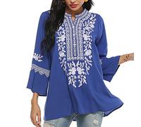 Vakakado Mexico Women's Bohemian Embroidered Shirt Folklore Flowers Tunic Top Boho Blouses 3/4 Sleeve V-Neck(200,Blue,L)