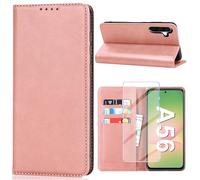 Vaki for Samsung Galaxy A56 5G Case with Tempered Glass Screen Protector, Premium PU Leather Wallet Card Slots Kickstand Magnetic Closure Phone Case for Samsung A56 5G Flip Cover (Pink)