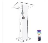Vakiorn Acrylic Clear Podium Stand, 43” Pulpit for Churches with 15 Colors Adjustable, Modern Lectern with Storage Shelf for Classroom, Conference, Wedding and More
