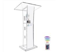 Vakiorn Acrylic Podium Customization Logo&Text, 43” Clear Pulpit for Churches with Storage Shelf, Modern Lectern with 15 Colors Adjustable for Classroom, Conference, Wedding