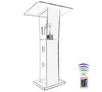 Vakiorn Acrylic Podium, Transparent Acrylic Lectern with Storage Shelf, Church Pulpit with 15 Color LED Light, Stability Podium Stand for Church, Lecture, Wedding, Classroom (23.6"x16"x 45.2")