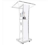 Vakiorn Acrylic Podium, Transparent Acrylic Lectern with Wheels & Storage Shelf, Church Pulpit with 15 Color LED Light, Podium Stand for Church, Lecture, Wedding, Classroom (23.6"x16.1"x 45.2")