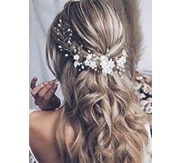 Vakkery Flower Bride Wedding Hair Vine Pearl Hair Accessories Bridal Headband Headpiece for Women and Girls (Silver)