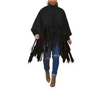 Vakkest Women's Vintage Tassel Ponchos Cape Cloak Coat Woolen Turtleneck Shawl Pullover Plus Size Fringe Top Dress, All Black, 5X-Large