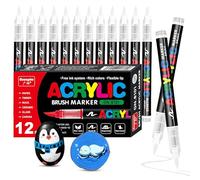 VAKKI 12 White Acrylic Paint Pens, Brush Markers, Felt Pen for Stone, Calligraphy, Wood, Canvas, Glass, Ceramics