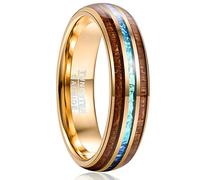 VAKKI 6mm Created-Opal and Hawaiian Koa Wood Inlay Tungsten Carbide Rings Gold Wedding Band Dome Style Size O 1/2