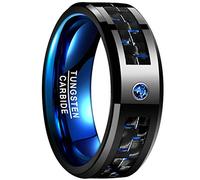 VAKKI 8mm Black Tungsten Ring Mens Wedding Ring Bands with Blue Cubic Zirconia and Carbon Fiber Beveled Edges Size O