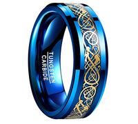 VAKKI 8mm Men's Blue Anniversary Ring with Blue Carbon Fiber Inlay Celtic Dragon Tungsten Band Comfort Fit Size S 1/2