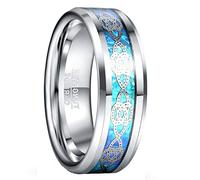 VAKKI 8mm Silver Tungsten Ring for Men Celtic Knot Wedding Rings Inlaid with Blue Opal Paper Beveled Edges Size V1/2