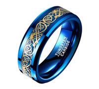 VAKKI Blue Carbon Fiber Inlay Ring 8mm Gold Plated Celtic Dragon Tungsten Promise Band for Him Size T 1/2