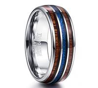 VAKKI Domed Tungsten Carbide Rings for Men Blue Imitated Meteorite Inlay Hawaiian Koa Wood Wedding Bands Size O 1/2