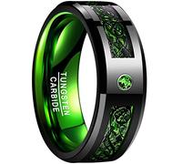 VAKKI Mens Black Celtic Dragon Tungsten Carbide Ring with Green Carbon Fiber and CZ Inlay 8mm Wedding Band Size U 1/2