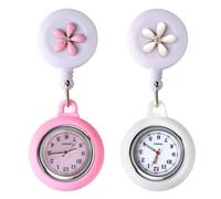 Vakler 2-Pack Retractable Nurse Watch, Luminous Clip-On Nurse Fob Watch 60cm Pull Cord Silicone Case with Cute Flower Pattern Easy-Clean Removable Dial Pocket Watch for Nurses Doctors Paramedics