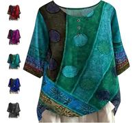 Valarie - Colourful Bohemian Top, Trendy 1/2 Sleeve Crew Neck Button Down Tops Plus Size Floral Print Casual Loose Blouses (Green,M)