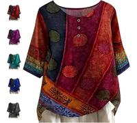 Valarie - Colourful Bohemian Top, Trendy 1/2 Sleeve Crew Neck Button Down Tops Plus Size Floral Print Casual Loose Blouses (Red,3XL)